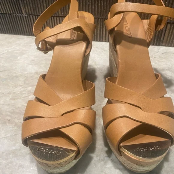 Jimmy Choo Tan Leather Cork Wedge Sandals - Picture 3 of 5